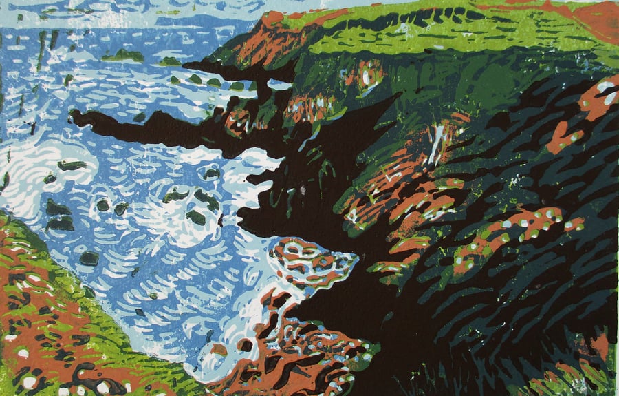 Mutton Cove, Cornwall - Original Hand Pressed Linocut Print on Paper Ltd Edition