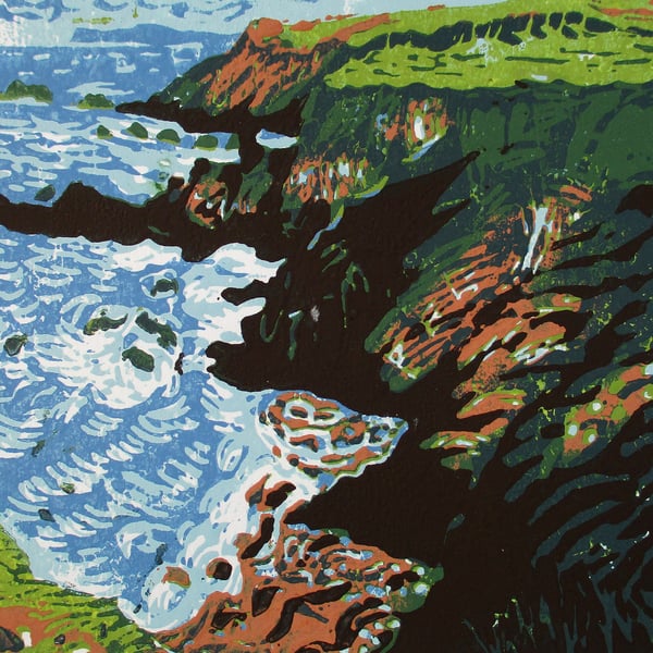 Mutton Cove, Cornwall - Original Hand Pressed Linocut Print on Paper Ltd Edition