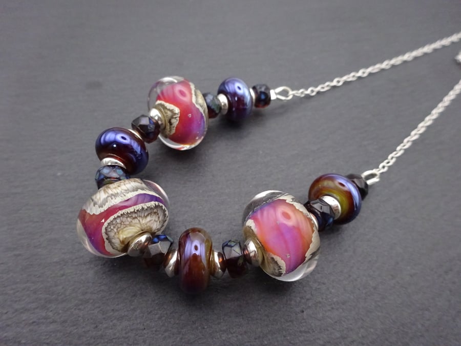 purple pink lampwork glass beaded necklace, sterling silver chain jewellery