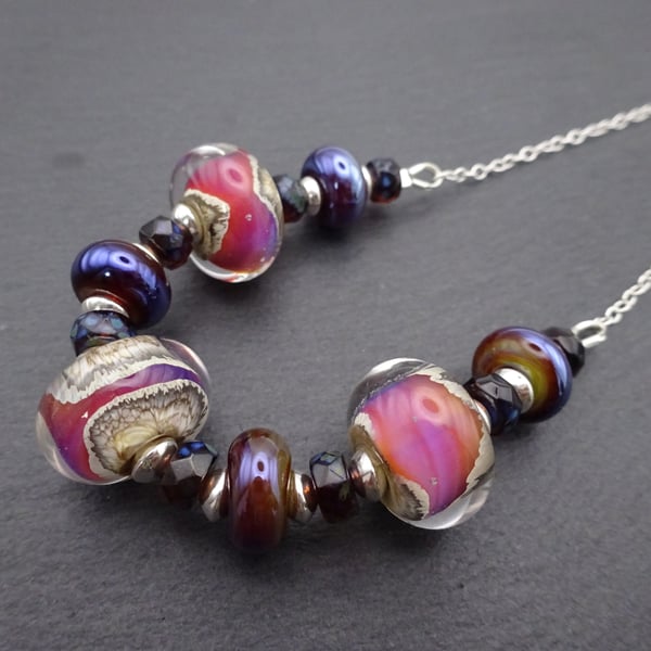 purple pink lampwork glass beaded necklace, sterling silver chain jewellery