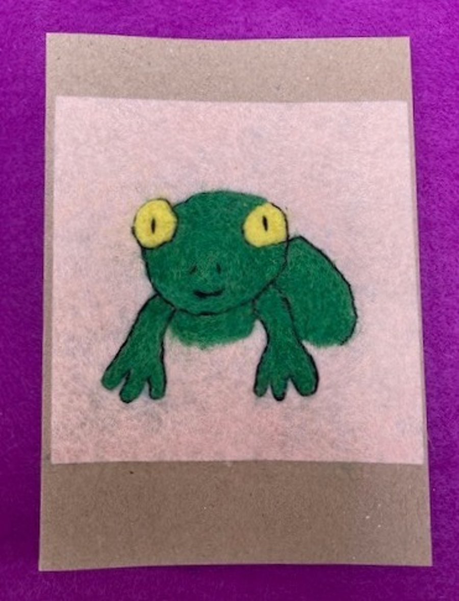 Green frog felted card.