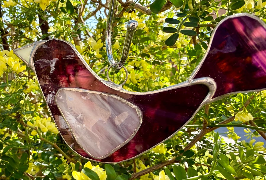 Stained Glass Dove Suncatcher - Deep maroon purple body with wispy white wing