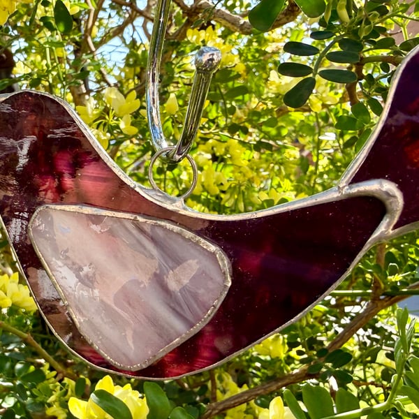 Stained Glass Dove Suncatcher - Deep maroon purple body with wispy white wing
