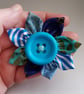 Blue Fabric Flower Brooch with Turquoise Button - Textile Flower Pin