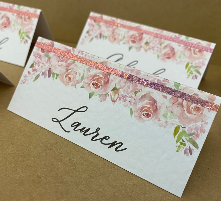 6 x pink white ROSES place CARDS gold line personalised NAME Wedding table decor