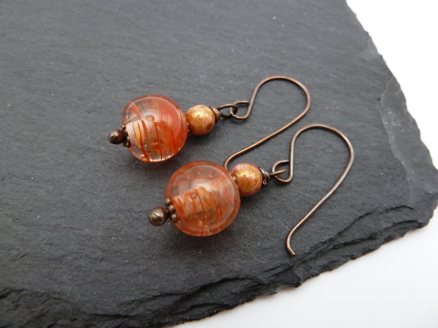 copper earrings, red lampwork glass jewellery