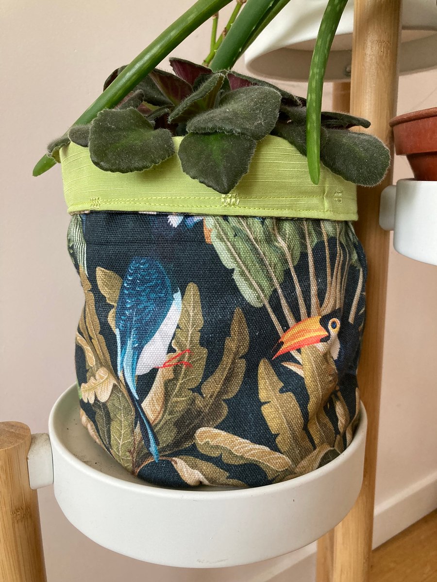 Large fabric basket: plant pot, cosmetics etc Tropical print with lime green