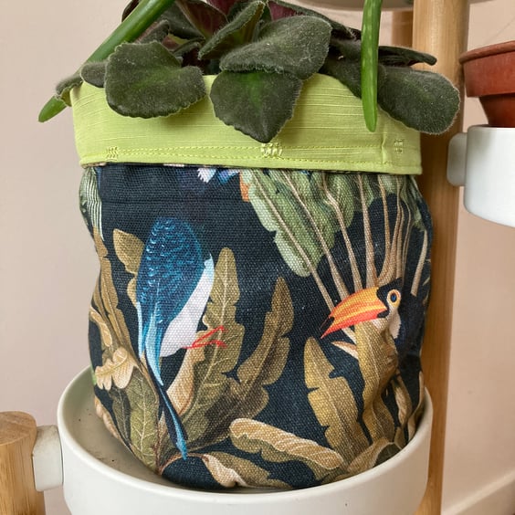Large fabric basket: plant pot, cosmetics etc Tropical print with lime green