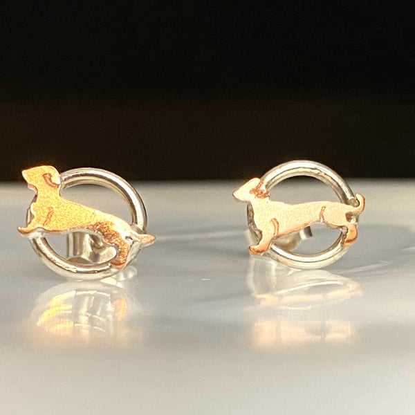Dachshund Silver and Copper Stud Earrings - silver, post earrings Dog Lover