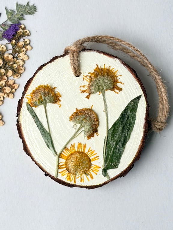 Real Pressed Wildflower Wood Slice Hanging Hand Painted Rustic