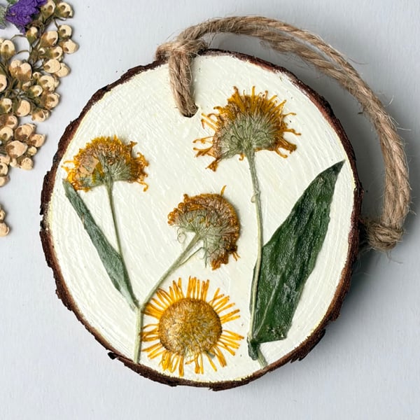 Real Pressed Wildflower Wood Slice Hanging Hand Painted Rustic