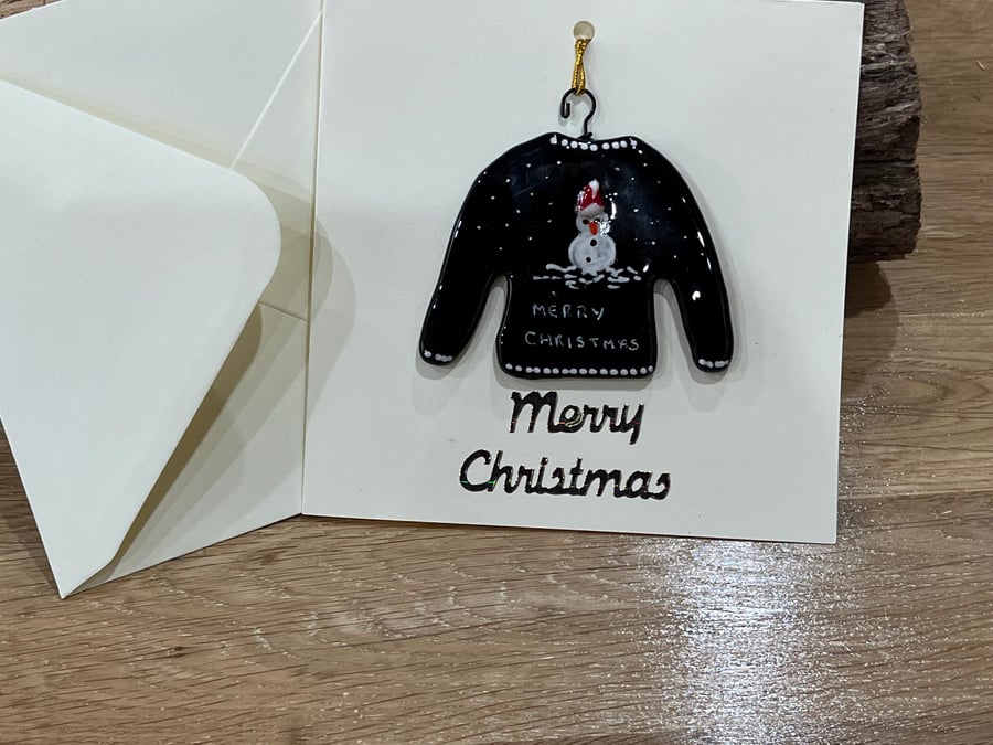 Handmade Detachable Keepsake, Fused Glass Festive Jumper Christmas Card