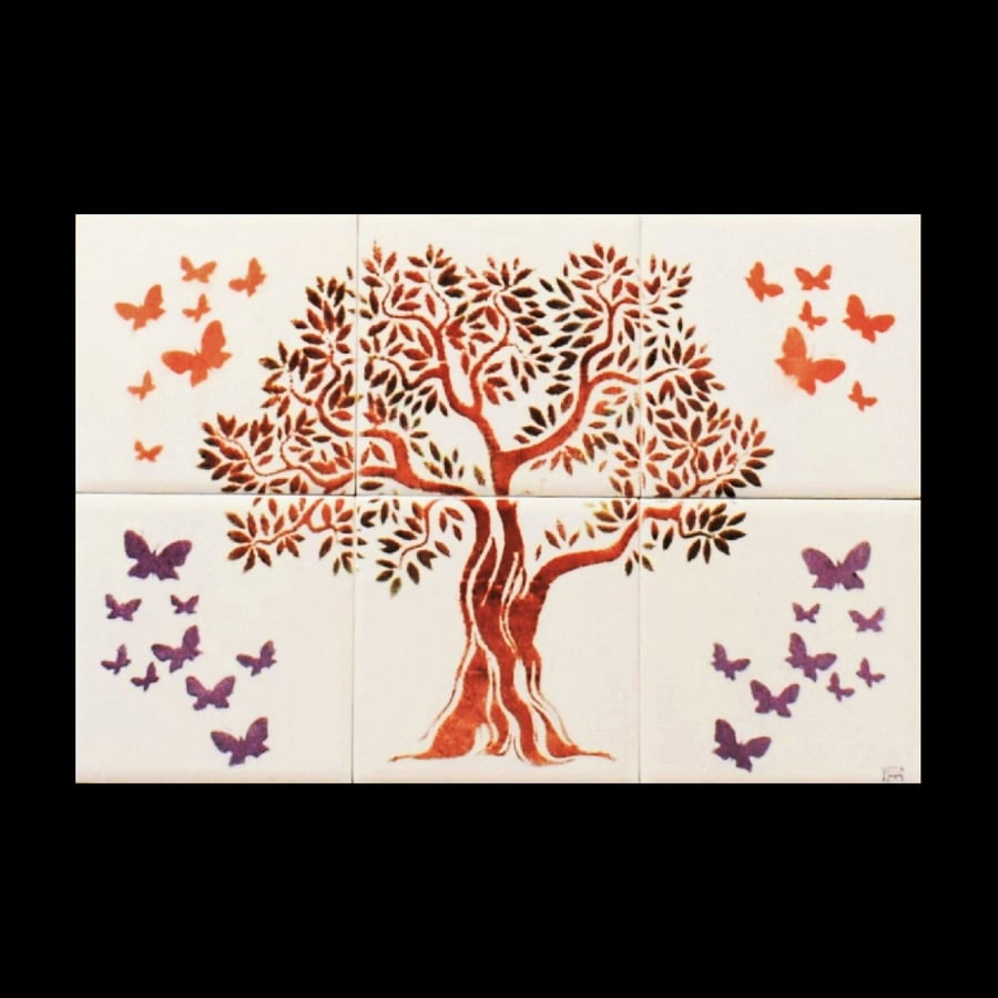 Ceramic Tile Backsplash, Hand Painted Glaze, Tree of Life.