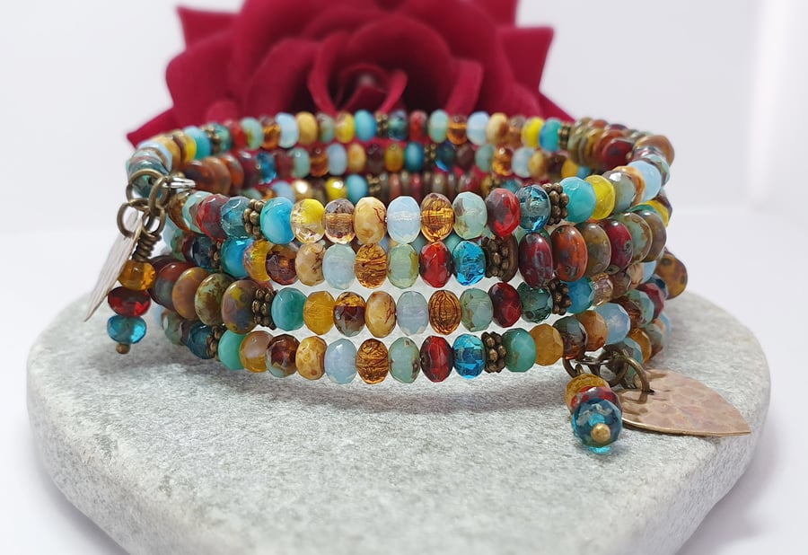 Colourful beaded Czech glass wrap bracelet with bronze heart charms