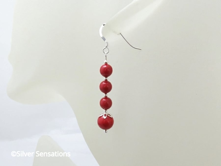 Graduated Red Pearls & Sterling Silver Earrings With Swarovski Pearls
