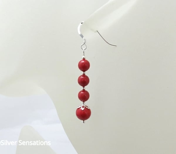 Graduated Red Pearls & Sterling Silver Earrings With Swarovski Pearls