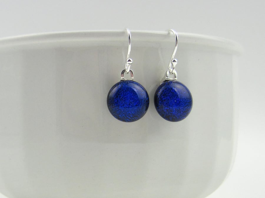 Blue glass earrings, fused glass drop earrings with sterling silver earwires