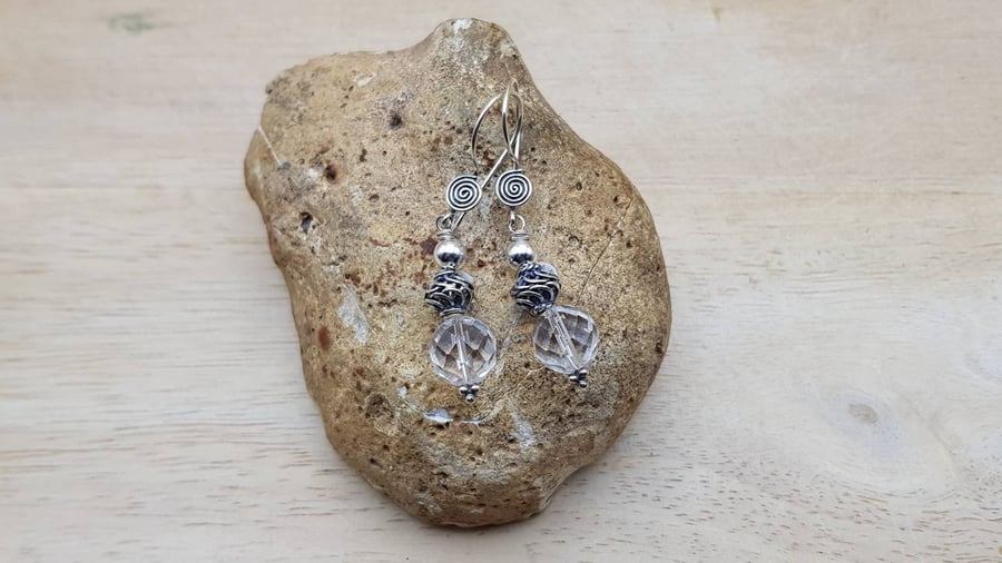 Clear quartz earrings. Bali silver bead earrings. April birthstone
