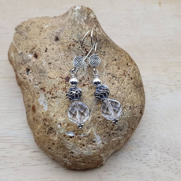 Clear quartz earrings. Bali silver bead earrings. April birthstone