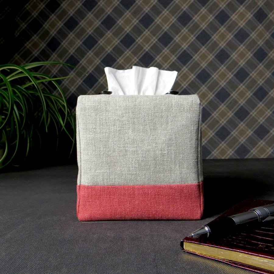 Square Tissue Box Cover - Two Tone Taupe and Burgundy