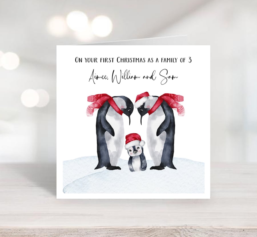 Personalised Penguin Family Card for a new baby in the family
