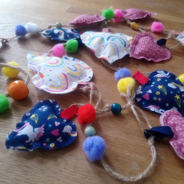 Decorative, individual, fabric, wall art - hanging, heart, art bunting.