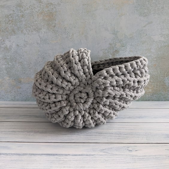 Ammonite basket, crochet shell, home decor, nautilus, fossil, T-shirt yarn