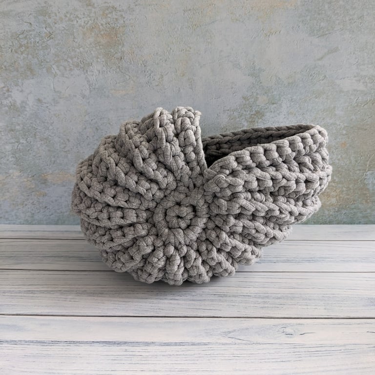 Ammonite basket, crochet shell, home decor, nautilus, fossil, T-shirt yarn