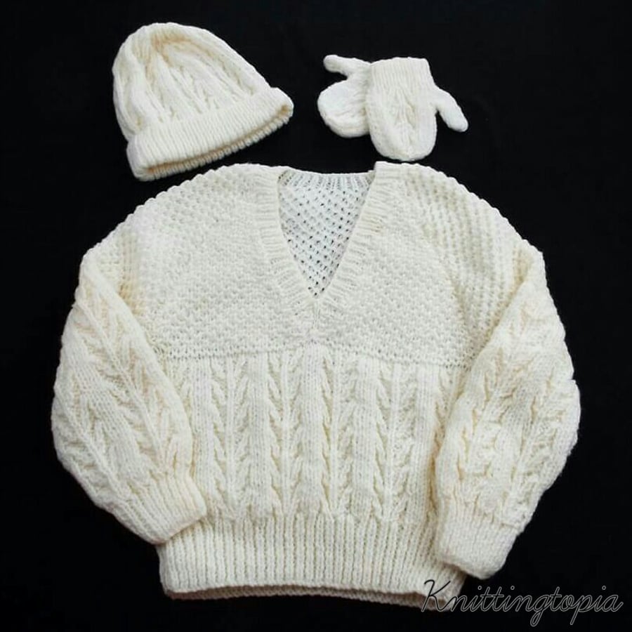 Children's Hand Knitted Aran Jumper, Hat, and Mittens Set, Gender-Neutral, Cream