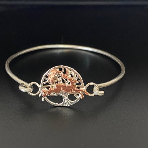 Running Copper Hare Silver Tree of Life Bangle, Bracelet, Tree of Life Cuff