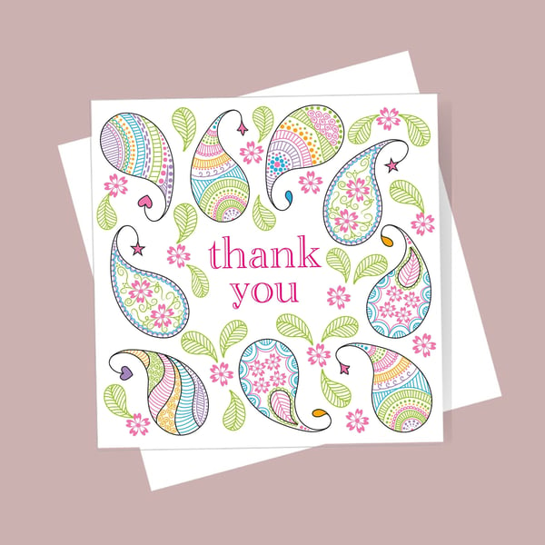 Thank You Card - Best Wishes, colourful paisley. Blank inside. Free delivery