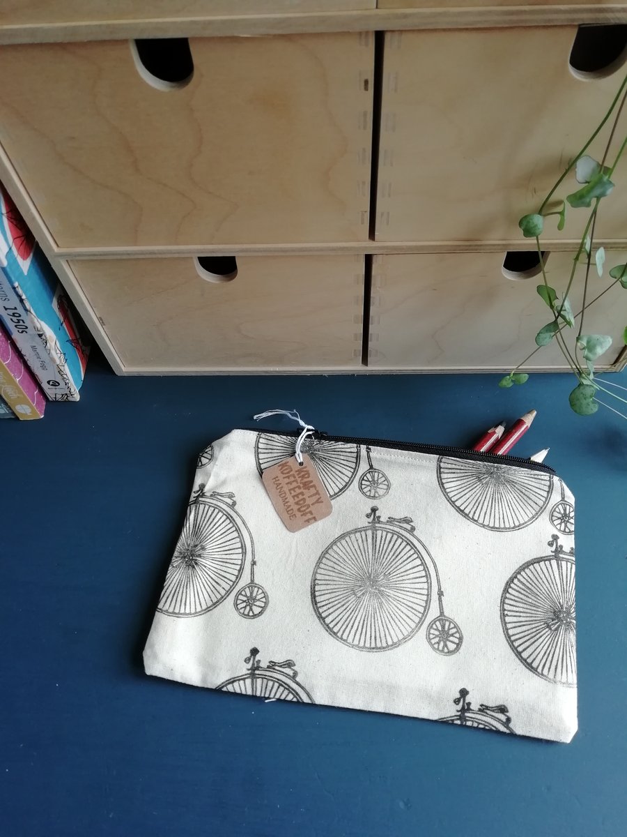 Penny Farthing Handprinted Pencil Case (Navy Back)