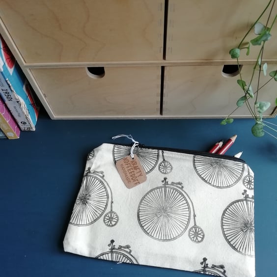 Penny Farthing Handprinted Pencil Case (Navy Back)