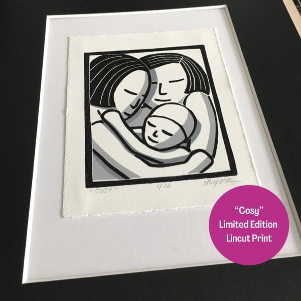 Linocut Print - Handprinted Original - Inner Child - "Cosy"