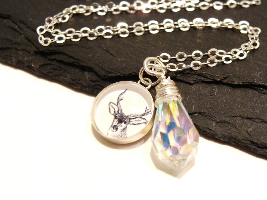 Sterling Silver Winter Woodland Deer Charm Necklace with Icy Swarovski Drop