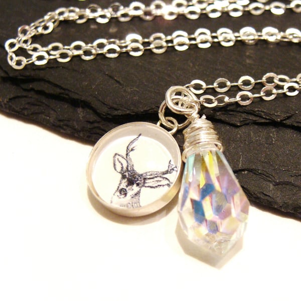 Sterling Silver Winter Woodland Deer Charm Necklace with Icy Swarovski Drop