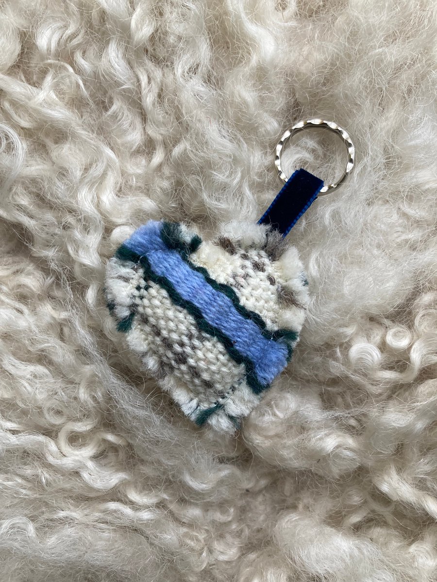 Heart Keyring - Blue stripe. Handwoven in Wales