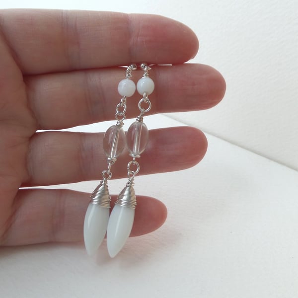 Long White Silver Earrings, Boho Bride, Summery unique earrings, One of a Kind.