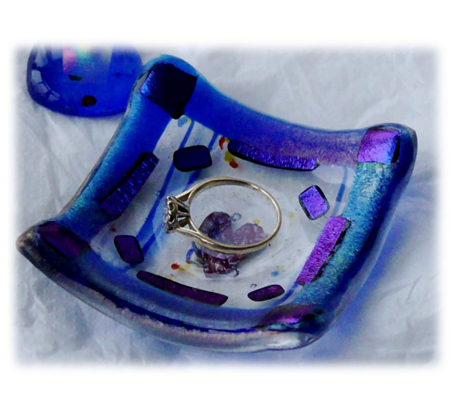 Earring Dish Fused Glass 6cm Blue Deep Heart Dichroic
