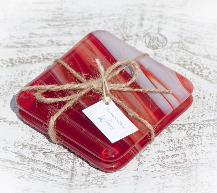 Fused Glass Coasters - Red and White Art Glass