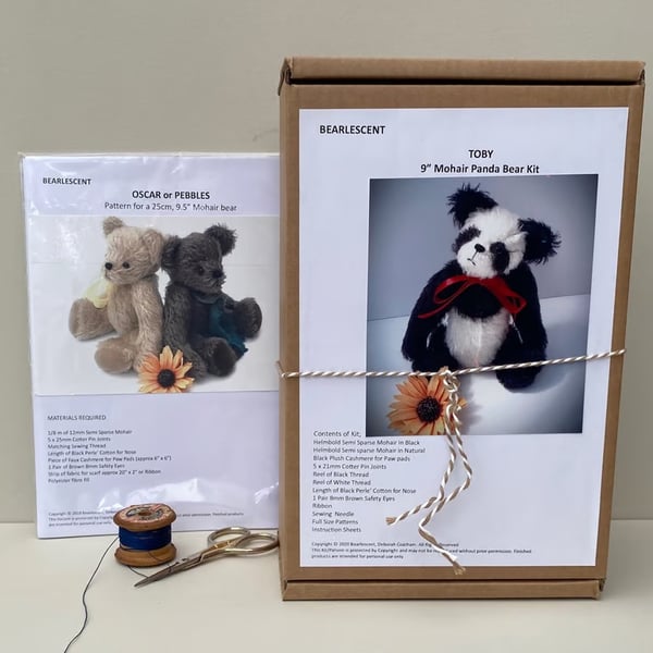 Panda bear making kit plus teddy bear sewing pattern, craft kit bundle
