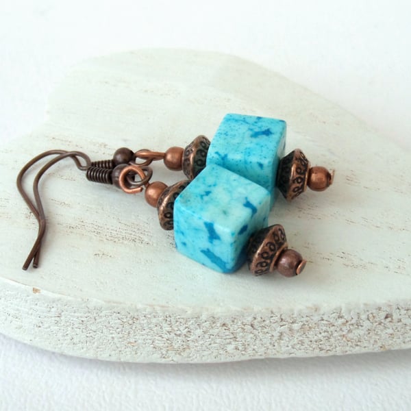 Blue jasper cube copper earrings