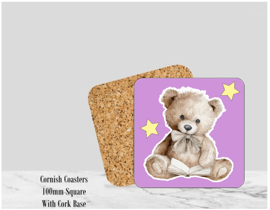 Teddy Purple Coaster 4" Square With Cork Base