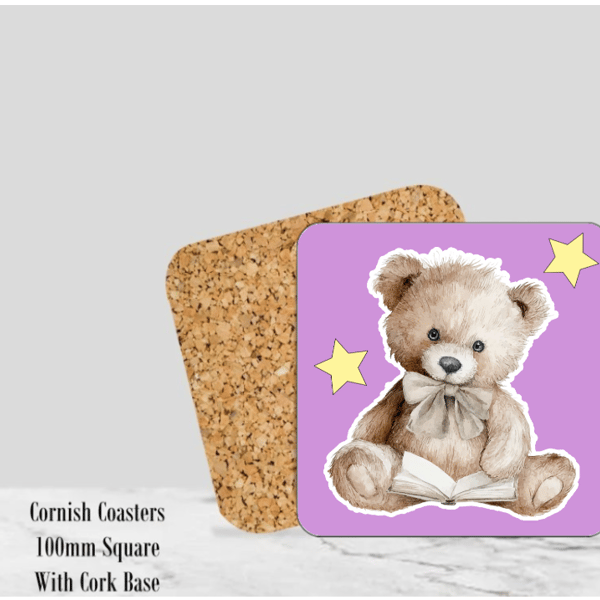 Teddy Purple Coaster 4" Square With Cork Base