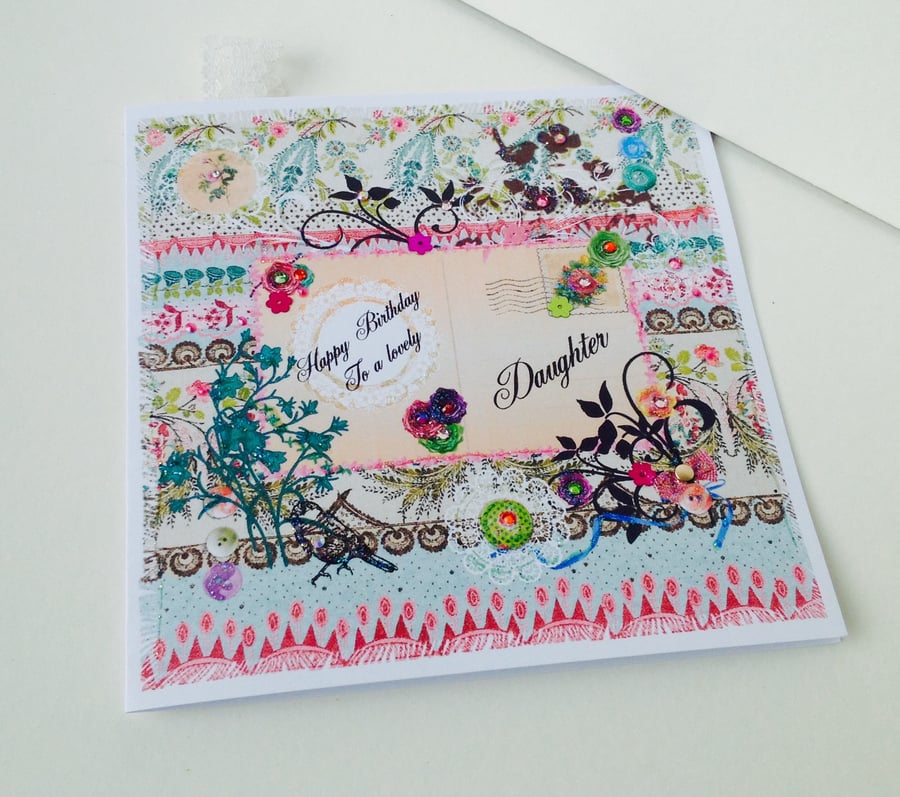 Birthday Card Daughter,Printed Patchwork,Handmade,Personalised 