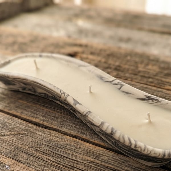 Black & White Marble Effect Eco Resin Dish with Candle 