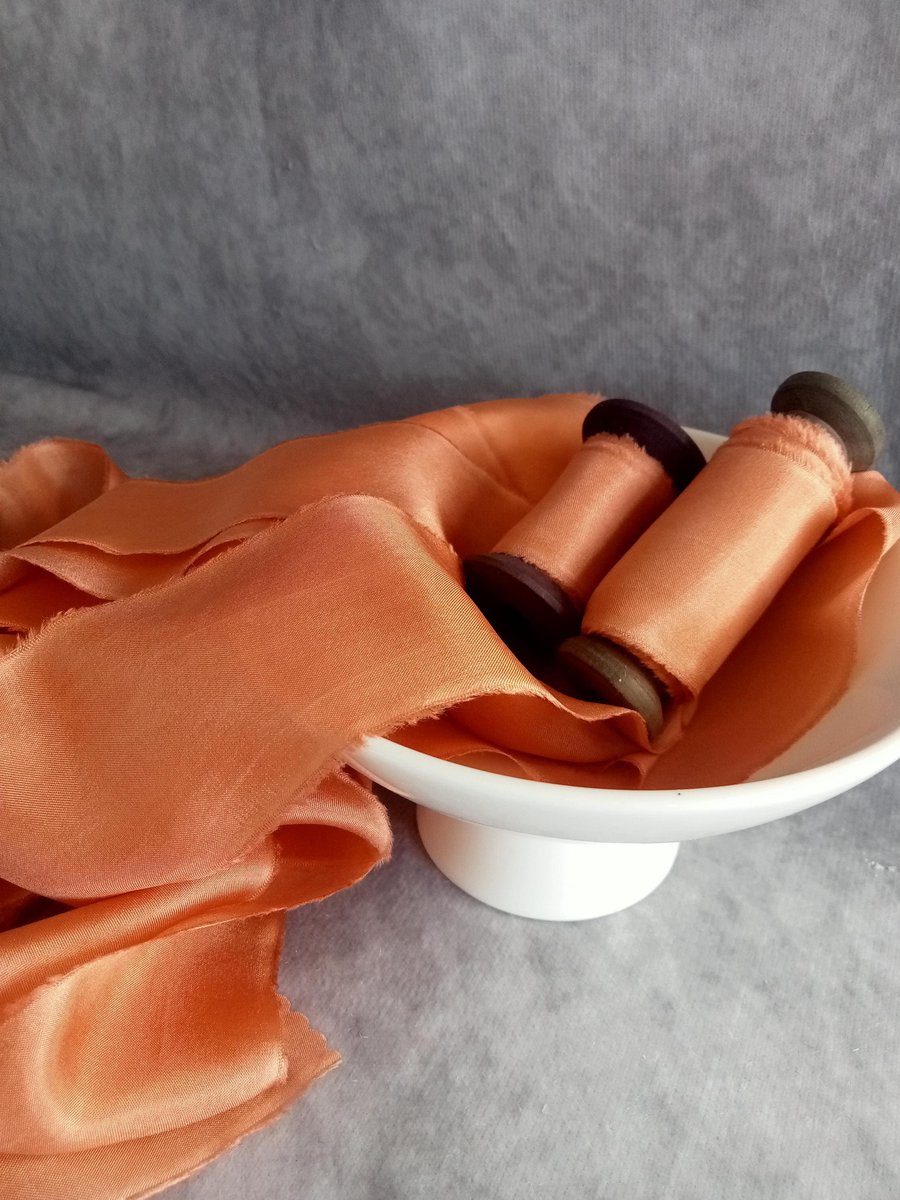 Hand Dyed Silk Ribbon: Deep Orange Bridal Bouquet Ribbon, Cake Decor, Stationery