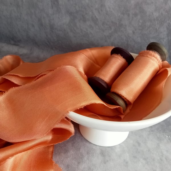 Hand Dyed Silk Ribbon: Deep Orange Bridal Bouquet Ribbon, Cake Decor, Stationery