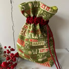 Christmas Present Sack with Red Velvet Ribbon and Cord Pull Closure