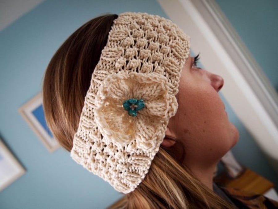 SOLD - Hand Knitted "Daisy" Head band in cream with turquoise beads